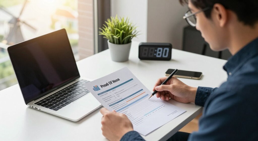 A detailed, professional workspace setup designed for digital nomad visa requirements, featuring a sleek laptop, financial documents, and a proof of income overview on a stylish desk. In the foreground, a focused individual, dressed in smart casual attire, reviews the documents with a look of determination. The middle ground includes a clean, organized environment with a small potted plant and a digital clock displaying the time in Amsterdam. In the background, subtle hints of Dutch culture, like a windmill silhouette visible through a window with natural sunlight pouring in, creating a warm and inviting atmosphere. The image should evoke a sense of professionalism and clarity, capturing the essence of eligibility requirements for the visa in a realistic photojournalism style.