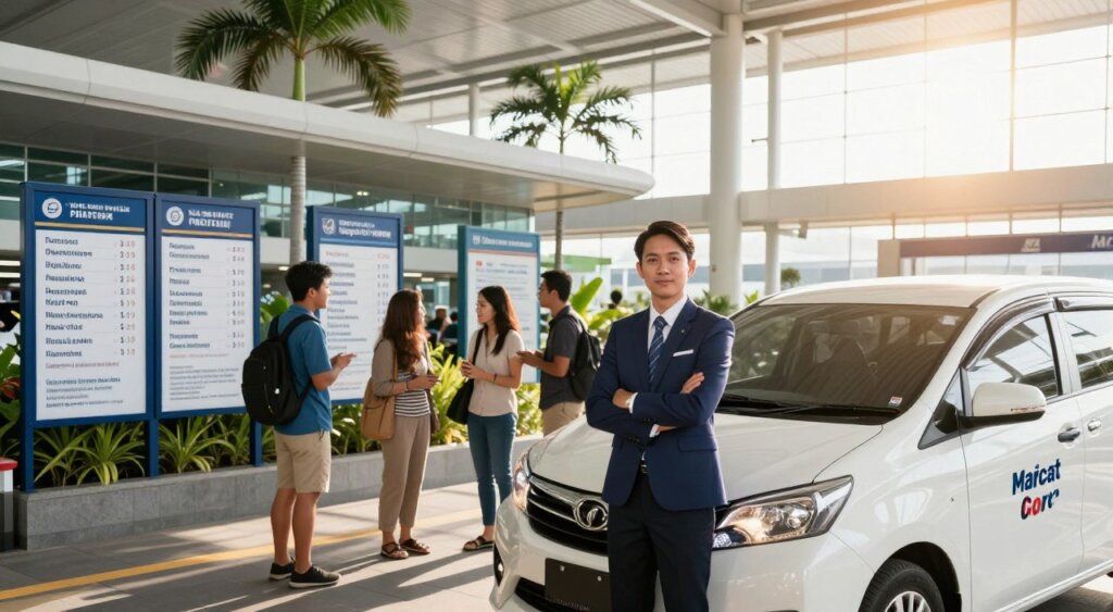 A detailed scene depicting the factors affecting airport transfer pricing in Bali, set in a bustling airport transfer hub. In the foreground, a professional driver in smart business attire stands beside a well-maintained vehicle, showcasing logos of various transfer companies. The middle ground features diverse travelers discussing options with several informational boards detailing pricing factors such as distance, vehicle type, and seasonal demand. In the background, the Bali airport terminal is visible, with palm trees and tropical elements reflecting the local atmosphere. The lighting is bright and natural, emulating a sunny day, with a slight lens flare from the golden sunlight piercing through the airport windows, creating an inviting and warm mood. The composition captures the lively essence of the airport environment without any text or distractions.