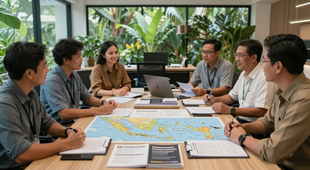A detailed scene of Indonesia's customs requirements presented through an informative and professional lens. In the foreground, a diverse group of business professionals in modest casual attire is discussing customs protocols at a modern office setting. In the middle, a large table displays various customs documents, maps of Indonesia, and regulatory pamphlets. The background features a stylish office with large windows showcasing lush tropical greenery, emphasizing Indonesia’s culture. Soft, natural lighting filters through the windows, creating a welcoming atmosphere. The composition should convey a sense of clarity and organization, with a focus on professionalism and attention to detail, reminiscent of National Geographic's photojournalism quality.