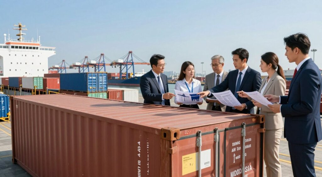 A detailed scene showcasing various shipping methods from the USA to Indonesia. In the foreground, a shipping container sits on a dock, adorned with labels indicating different transport options such as cargo ships, air freight, and courier services. The middle ground features a diverse group of professional individuals in business attire, engaged in discussions and pointing at shipping charts. Behind them, a clear blue sky enhances the busy port atmosphere, complete with cranes and ships in the distance, symbolizing global trade. The sunlight casts natural shadows on the scene, emphasizing activity and movement. The overall mood is informative and professional, capturing the essence of logistics and international shipping.