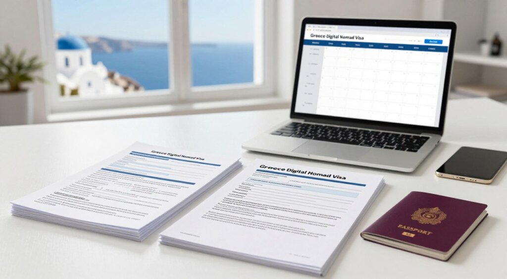 A detailed table with organized eligibility documents for the Greece Digital Nomad Visa in a bright, modern workspace. The foreground features a close-up of neatly stacked papers, including application forms, proof of employment and income, and passport copies, all displayed in a professional manner. In the middle, a sleek laptop with an open digital calendar shows important deadlines for submissions. The background reveals a sunlit window overlooking a picturesque Greek coastline, hinting at the beautiful environment for digital nomads. Soft, natural lighting illuminates the scene, creating an inviting atmosphere, evoking a sense of opportunity and adventure. The composition should capture the essence of professionalism and the allure of remote work in Greece.