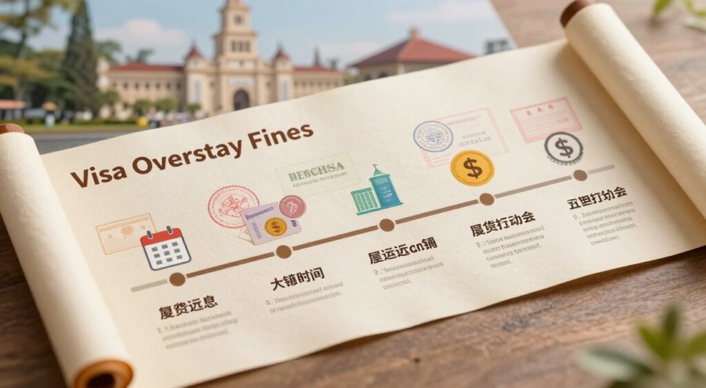 A detailed timeline visualization highlighting the "Visa Overstay Fines" in Indonesia, represented on a long, elegant scroll. In the foreground, distinct milestones along the timeline are marked with artistic icons symbolizing different fines and amnesty program start dates, like a calendar and a dollar sign. The middle layer features subtle illustrations of passport stamps and visa paperwork, indicating the context of each fine period. In the background, a soft-focus image of iconic Indonesian landmarks subtly evokes the cultural setting. Use warm, natural lighting to create an inviting atmosphere, and employ a slight top-down perspective to enhance readability while maintaining a professional, informative style of photojournalism reminiscent of National Geographic.