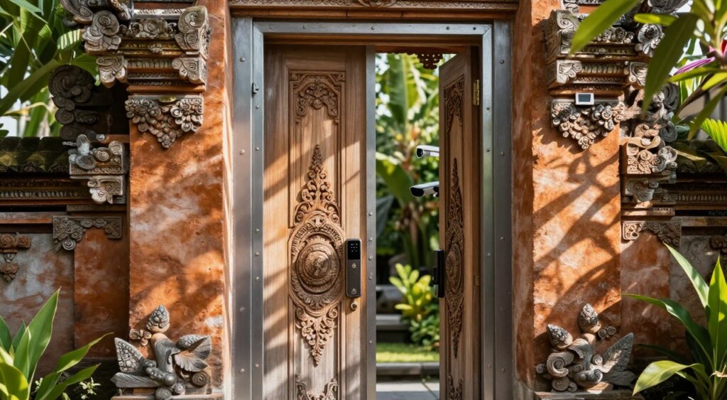A detailed view of a beautifully crafted Bali door installation showcasing advanced security features. In the foreground, focus on a traditional wooden Bali door with intricate carvings, reinforced with modern locks and a sturdy metal frame. The middle layer includes a security camera discreetly mounted nearby, highlighting an intersection of tradition and technology. The background reveals a lush tropical garden, lush greenery framing the installation, with sunlight filtering through the leaves, casting interesting shadows on the door. Use a soft, natural lighting for a serene ambiance, with a slight depth of field to emphasize the door as the central subject. Capture the scene from a slightly elevated angle to provide a comprehensive view of the features. The overall mood should evoke a sense of safety, elegance, and the harmony between functionality and artistry typical of Bali doors.