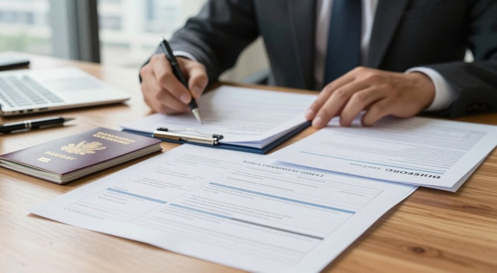 A detailed visa application documentation checklist spread out on a sleek wooden desk in an organized fashion, featuring items like a passport, a filled application form, supporting documents, and a pen. The foreground showcases the checklist on a clean page with bullet points highlighted. In the middle ground, a well-dressed business professional, wearing a suit, is thoughtfully inspecting the documents, their expression focused and serious. Soft, natural light streams in from a nearby window, creating a warm atmosphere. The background includes a blurred view of a cityscape, hinting at urgency and travel. The overall mood is one of professionalism and diligence, emphasizing the importance of proper documentation in visa processes.