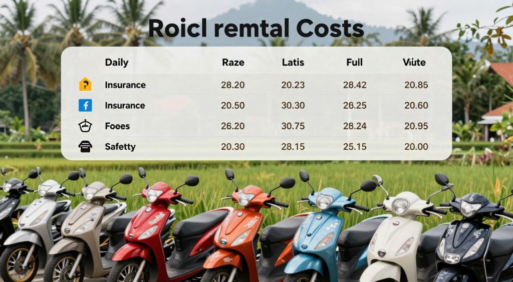 A detailed, visually engaging infographic representation of scooter rental costs in Bali, showcasing various rental options, prices, and included services. In the foreground, display an array of scooters in vibrant Bali colors, with subtle cultural motifs. In the middle, include a breakdown chart highlighting daily and weekly rental rates, insurance, fuel costs, and safety gear, using clear icons and distinct categories. The background should feature a picturesque Bali landscape with lush greenery and iconic rice terraces under soft, natural lighting, evoking a serene and inviting atmosphere. The lens perspective should be slightly angled to enhance depth, creating a professional photojournalism style reminiscent of National Geographic quality, while ensuring a clean and polished composition free of any text or overlays.