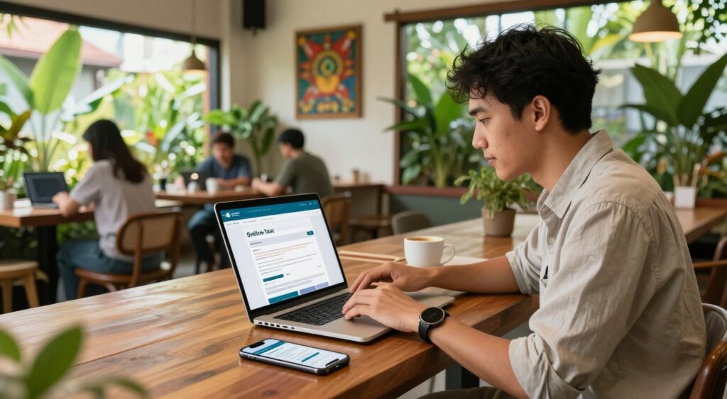 A digital nomad, a focused young professional in smart casual attire, sits at a wooden table with a laptop open, navigating an online tax portal. In the foreground, a smartphone displays tax-related apps and documents. The middle ground features a vibrant co-working space in Bali, showcasing lush greenery and artistic decor, with other remote workers in the background. Bright, natural light streams through large windows, illuminating the scene and creating a warm atmosphere. There are tropical plants and a coffee cup next to the laptop, contributing to the relaxed yet productive vibe. The image captures the essence of working remotely while managing tax responsibilities in Indonesia, exuding a blend of professionalism and the unique lifestyle of a digital nomad.
