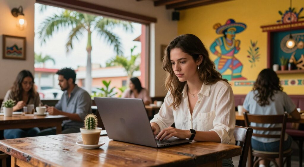 A digital nomad, a young Caucasian woman in a stylish yet modest casual outfit, is focused on her laptop in a vibrant Mexican cafe. The foreground features a rustic wooden table adorned with a coffee cup and a small cactus. In the middle, she is seated with her laptop open, surrounded by colorful murals depicting Mexican culture. The ambient lighting is warm, streaming through large windows that provide a view of palm trees swaying outside, hinting at a tropical atmosphere. In the background, other patrons are chatting, adding to the lively scene. The photo composition should convey a sense of inspiration and serenity, capturing the essence of working remotely in a beautiful setting, with a slight depth of field effect to keep the focus on the woman.