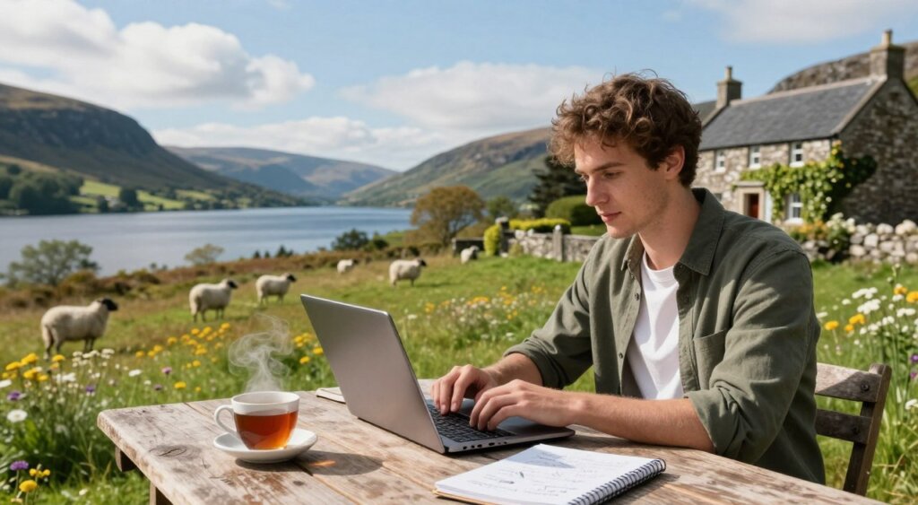 A digital nomad, a young professional in smart casual attire, is sitting at a rustic wooden table with a laptop open in front of them, looking focused yet relaxed. In the foreground, a steaming cup of tea and a notebook filled with scribbles are visible. The middle ground features a scenic view of Scotland’s rolling hills, dotted with sheep and wildflowers, under a bright blue sky with fluffy white clouds. In the background, a classic stone cottage with ivy climbing its walls stands beside a shimmering loch. The warm afternoon light bathes the scene, creating an inviting and peaceful atmosphere, capturing the essence of balancing work and leisure in Scotland. The image is shot from a slightly elevated angle to emphasize the breathtaking landscape around the nomad.
