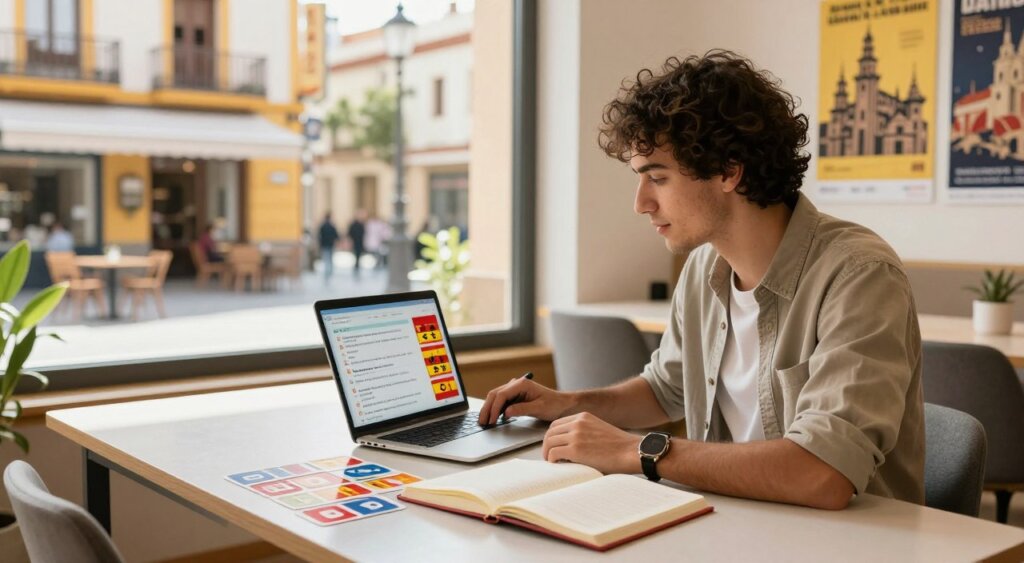 A digital nomad, a young professional in smart casual attire, sits at a modern desk in a stylish, sunlit co-working space in Spain, surrounded by language learning resources. Open notebooks, colorful flashcards, and a laptop displaying Spanish language apps set the foreground. In the middle ground, a large window reveals a vibrant view of a bustling Spanish street with cafes and local shops, hinting at the lively culture. The background features a wall adorned with posters of Spanish milestones, such as famous landmarks and phrases. Soft, warm lighting creates an inviting atmosphere, while a shallow depth of field focuses on the individual, capturing their engagement with the materials. The mood is one of enthusiasm and determination, perfect for illustrating the language requirements for a digital nomad visa in Spain.