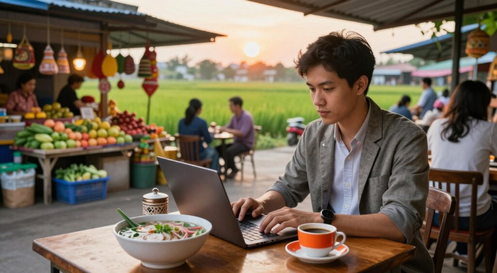 A digital nomad, dressed in casual but professional attire, sits at a wooden café table, absorbed in work on a sleek laptop. The foreground features a bowl of traditional Vietnamese pho and a vibrant cup of coffee, indicating local culinary exploration. In the middle ground, a bustling street market showcases colorful stalls with fresh fruits, vegetables, and handicrafts, while locals engage in conversation. The background reveals lush green rice paddies and a setting sun, casting a warm golden light across the scene. The atmosphere is lively yet serene, embodying the balance between work and cultural immersion in Vietnam. Capture this moment with a soft focus effect, emphasizing the subject against the vibrant backdrop.