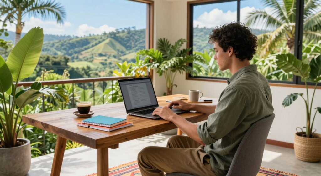 A digital nomad home office set in a bright, airy space in Costa Rica, featuring a sturdy wooden desk with a sleek laptop, colorful notebooks, and a cup of coffee. In the foreground, a person dressed in casual yet professional attire, sitting comfortably on a modern chair, is engaged in focused work, looking at the screen. The middle ground showcases lush green plants, bringing a touch of nature inside, and a vibrant rug adds warmth to the scene. In the background, large windows reveal a beautiful view of the Costa Rican landscape with rolling hills and palm trees under a clear blue sky, allowing natural light to flood the space. The mood is relaxed yet productive, capturing the essence of remote work in paradise.