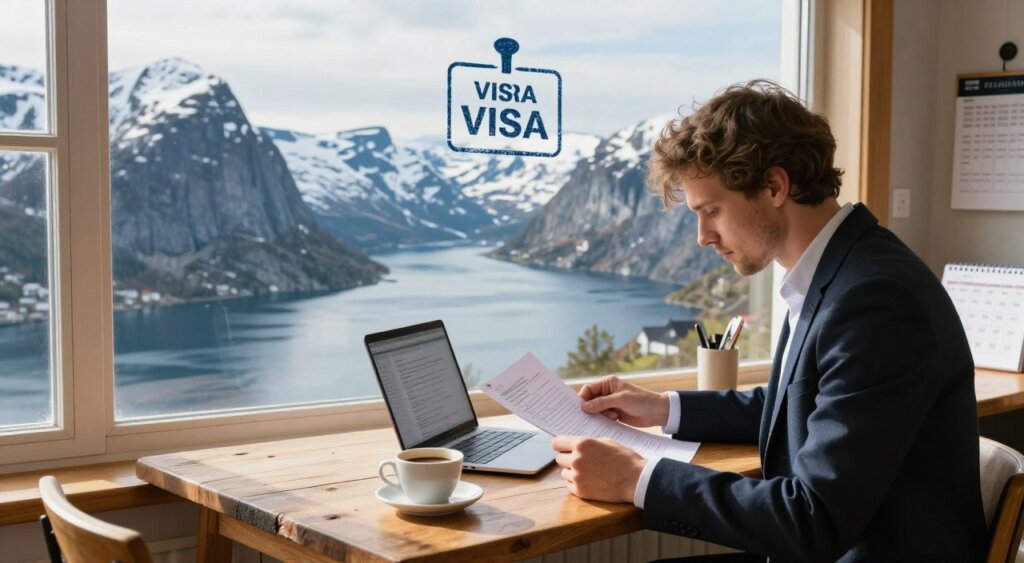 A digital nomad navigating the challenges of Norway's visa system, set against a picturesque backdrop of snowy mountains and a vibrant fjord. In the foreground, a determined individual in professional business attire reviews paperwork at a rustic wooden table, illuminated by soft, natural sunlight streaming through a nearby window. The middle ground features a laptop with open documents and a cup of coffee, symbolizing the work-life balance struggle. In the background, stunning Norwegian landscapes merge with subtle symbols of bureaucracy, like an oversized stamp and a calendar, creating a sense of complexity. The atmosphere is both serene and contemplative, reflecting the perseverance needed to overcome potential hurdles of living and working in Norway. Capture this scene with a wide-angle lens to emphasize the stunning environment, ensuring clarity and vivid colors throughout the image.