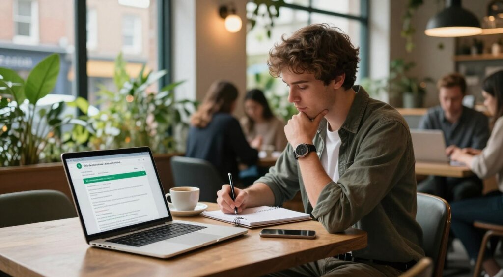 A digital nomad seated at a sleek, modern workspace in a cozy cafe in Dublin, surrounded by lush greenery visible through large windows. The foreground features a laptop open with a visa application form on the screen, and a coffee cup beside it. In the middle, a focused individual, a young professional wearing casual business attire, is thoughtfully writing notes on a notepad. The background showcases the vibrant cafe ambiance, with a mix of patrons engaged in conversation and other remote workers. Soft, natural lighting filters in, casting a warm glow that enhances the inviting atmosphere. The image conveys a sense of productivity, freedom, and the essence of the digital nomad lifestyle in Ireland, focusing on the theme of visa duration and renewal.