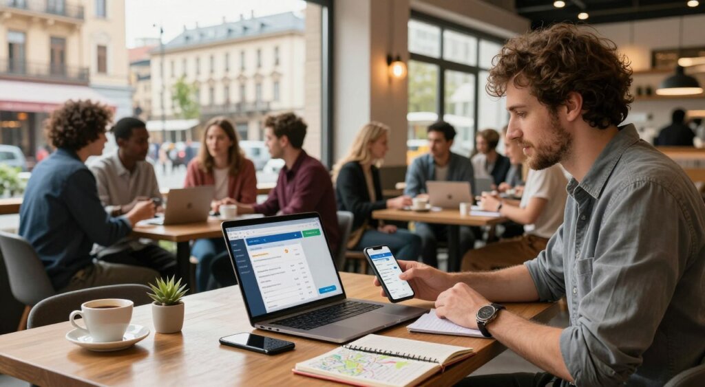 A digital nomad seated at a stylish co-working space in a vibrant European city, surrounded by a laptop, a smartphone displaying budgeting apps, and a notebook with scattered maps and coffee cups. The foreground features a detailed view of the workspace, showcasing organization and productivity. In the middle, a diverse group of nomads engaged in discussions about cost of living, each in professional business attire or casual clothing. The background reveals iconic European architecture and a bustling street scene with outdoor cafes. Warm, natural lighting filters through large windows, creating an inviting atmosphere that emphasizes connectivity and community. The image captures the essence of budgeting and lifestyle choices for digital nomads in Europe.