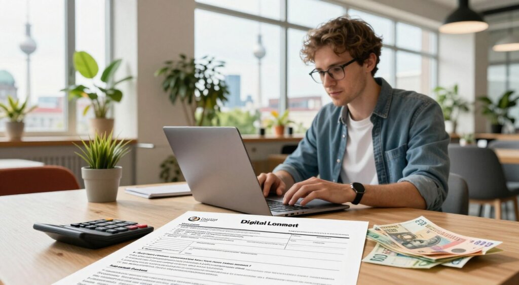 A digital nomad sitting at a modern laptop in a well-lit coworking space, surrounded by vibrant plants and contemporary furniture, portraying a focused workflow. The foreground features a detailed close-up of tax documents, a calculator, and international currency notes to symbolize financial aspects. In the middle ground, a large window shows a view of Berlin's iconic skyline with the TV Tower visible, subtly indicating the location. The background is softly blurred to enhance the subject, with natural sunlight streaming in, creating a warm and inviting atmosphere. The overall mood reflects professionalism and productivity, emphasizing the theme of tax implications for digital nomads. Vintage-style lighting enhances the professionalism and clarity of the scene. The composition captures the essence of working remotely in Germany.