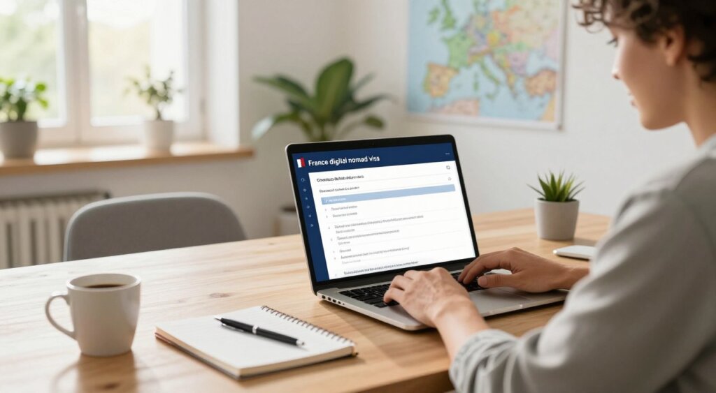 A digital nomad sitting at a modern workspace, focused on a laptop displaying the France digital nomad visa application page. In the foreground, the individual wears smart-casual attire, surrounded by a notepad, pen, and coffee cup. The middle layer showcases a clear, organized checklist on the table, outlining application steps: research requirements, prepare documentation, submit application, wait for approval. The background features a bright, airy room with plants, a map of France on the wall, and sunlight streaming through a large window, creating an inspiring atmosphere. Capture this scene in high resolution with soft, natural lighting, using a lens angle that emphasizes the workspace while highlighting the visa application process in a professional photojournalism style.