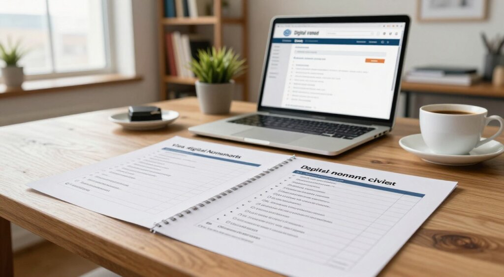 A digital nomad visa application checklist spread out on a wooden table. In the foreground, a close-up view of a detailed checklist with neatly organized bullet points, some checked off, featuring items like "proof of income," "health insurance," and "passport copies." In the middle, a laptop open to a visa application website, accompanied by a cup of coffee and a small potted plant for a touch of greenery. The background showcases a cozy, well-lit home office space with a bookshelf filled with travel books and a window revealing a cityscape. Soft, natural lighting filters in, creating a warm and inviting atmosphere. The image should evoke a sense of productivity and organization, ideal for digital nomads aiming for a smooth application process.