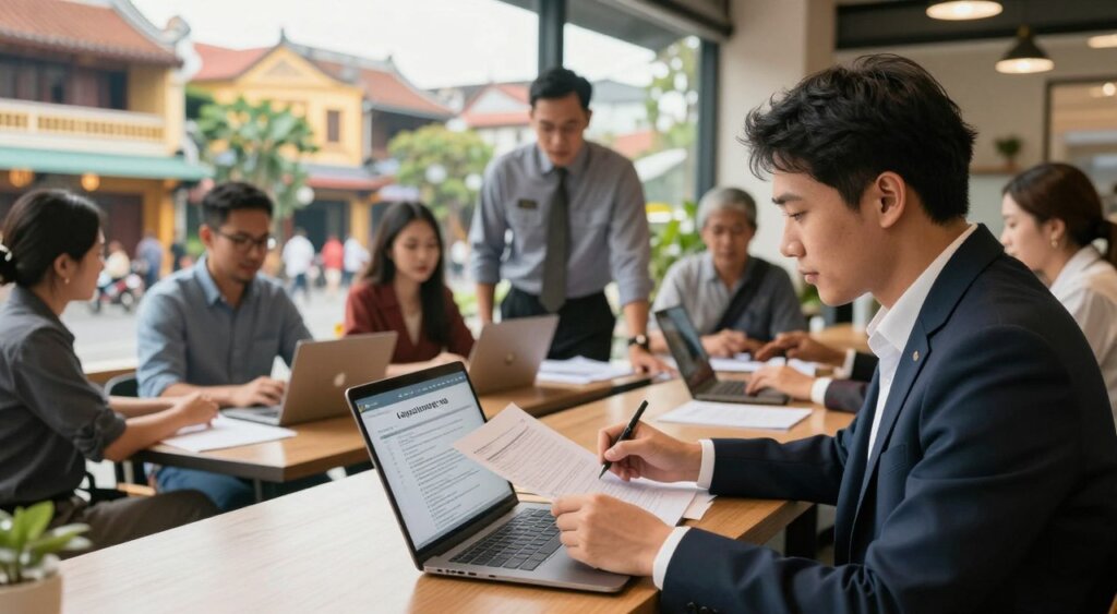 A digital nomad visa application process scene in Vietnam. In the foreground, a focused individual in professional business attire sits at a modern coworking space, intently reviewing documents and filling out forms on a laptop. The middle layer features a diverse group of professionals, including a Vietnamese official in a smart uniform and various remote workers engaged in discussions, surrounded by paperwork and laptops. The background showcases a vibrant cityscape with traditional Vietnamese architecture and a bustling street, bathed in warm, natural light. The atmosphere is one of collaboration and determination, conveying an optimistic approach to navigating the visa application process. The composition should reflect a photojournalism style, with a sharp focus and dynamic angles capturing the essence of modern work life.