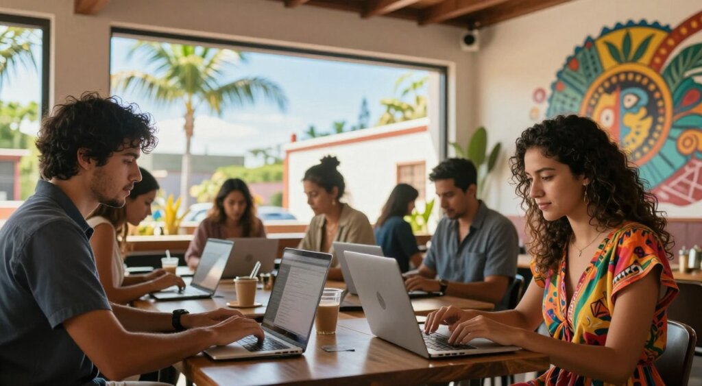 A digital nomad visa eligibility concept scene depicting a diverse group of professionals working on laptops at a sunlit co-working space in Mexico. In the foreground, two individuals, one wearing smart casual attire and the other in a vibrant summer dress, are deeply focused on their screens, showcasing a collaborative environment. In the middle ground, a large window reveals a view of palm trees and a clear blue sky, with subtle hints of Mexican architecture. The background features a colorful mural that celebrates local artistry. The lighting is warm and bright, creating an inviting atmosphere. Use a wide-angle lens to capture the spaciousness and connection of the space, conveying a sense of freedom and productivity, suitable for a digital nomad lifestyle.