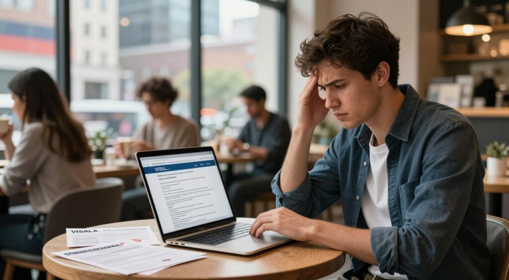 A digital nomad working at a stylish, modern laptop-friendly café in a vibrant city, surrounded by international travel documents and a laptop displaying complex visa regulations. In the foreground, a frustrated young professional in smart casual attire, looking at a laptop with a furrowed brow. The middle ground features a mix of blurred café patrons, illustrating the busy atmosphere. In the background, large windows show a cityscape with diverse architecture symbolizing various countries. Soft, natural lighting enters from the windows, creating a warm yet focused ambiance. The mood captures determination and the challenges of navigating visa requirements while maintaining work-life balance in a digital nomad lifestyle. The image echoes a sense of urgency and adaptability amidst global complexity.