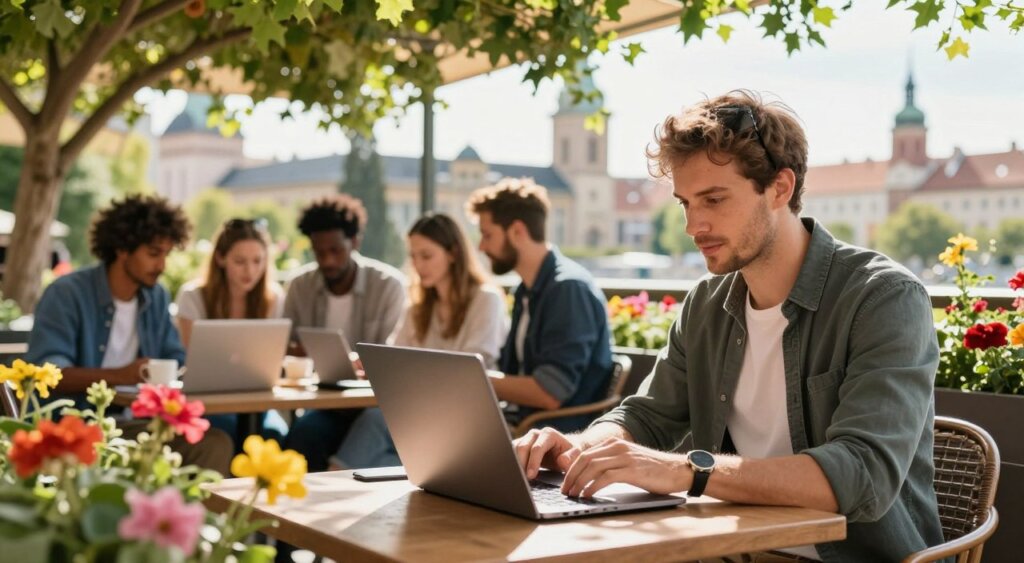 A digital nomad working on a laptop at a sunny outdoor café, surrounded by lush greenery and vibrant flowers. In the foreground, the nomad, dressed in smart casual attire, is focused on their screen, embodying productivity and freedom. In the middle ground, a diverse group of fellow travelers engaged in work and leisure activities, showcasing collaboration and social connections. The background features iconic European architecture, hinting at different cultures and cities. Soft afternoon sunlight filters through the leaves, casting dappled shadows, creating a warm and inviting atmosphere. The composition captures a sense of travel flexibility and lifestyle balance, evoking a spirit of adventure and professional growth, with a professional photojournalism style akin to National Geographic.