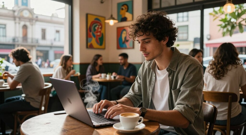 A digital nomad working on a laptop in a cozy café in Buenos Aires, Argentina. In the foreground, a focused individual in smart casual attire is typing on their laptop, with a steaming cup of coffee beside them. In the middle ground, the vibrant café atmosphere includes people chatting and colorful artwork decorating the walls, showcasing the city's lively culture. In the background, through large windows, classic Argentine architecture and bustling street scenes can be seen under warm afternoon sunlight. The lighting is soft, creating a welcoming and productive mood. The image captures a sense of connectivity and creativity, emphasizing the lifestyle of a digital nomad thriving in a foreign city.