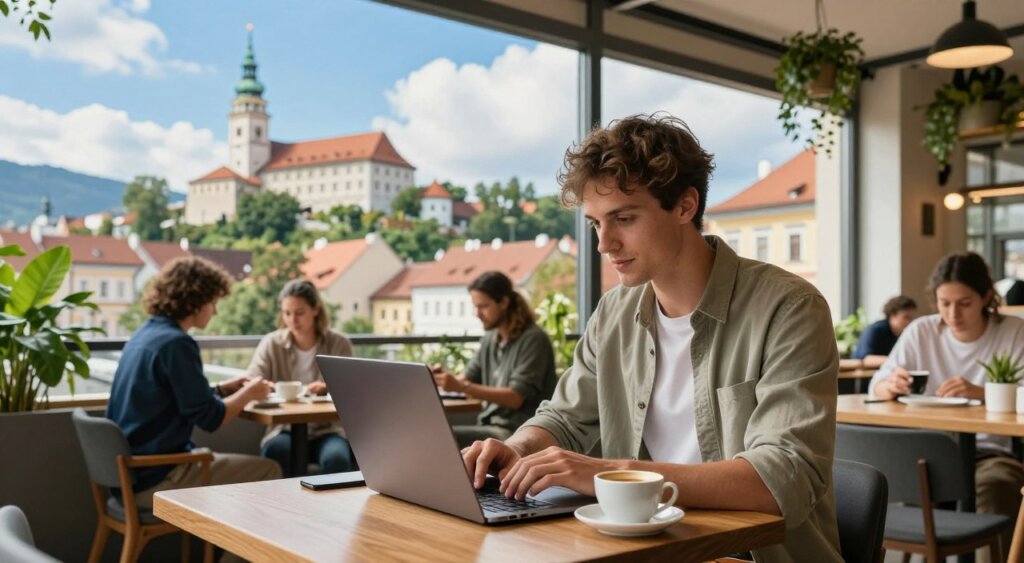 A digital nomad working on a laptop in a cozy café in Slovenia, surrounded by scenic views of Ljubljana's picturesque architecture. In the foreground, a young professional in casual yet polished attire is typing on a sleek laptop, with a steaming cup of coffee beside them. The café is adorned with plants and has large windows that allow natural light to flood in. In the middle ground, the bustling ambiance of the café features other patrons engaged in conversations or working. The background showcases the iconic Ljubljana Castle atop a hill, under a bright blue sky with soft, fluffy clouds, creating a serene and inspiring atmosphere. Capture the vibrant, inviting mood of a perfect day for remote work in a stunning European city. Aim for a sharp, high-resolution image with a warm, inviting color palette.