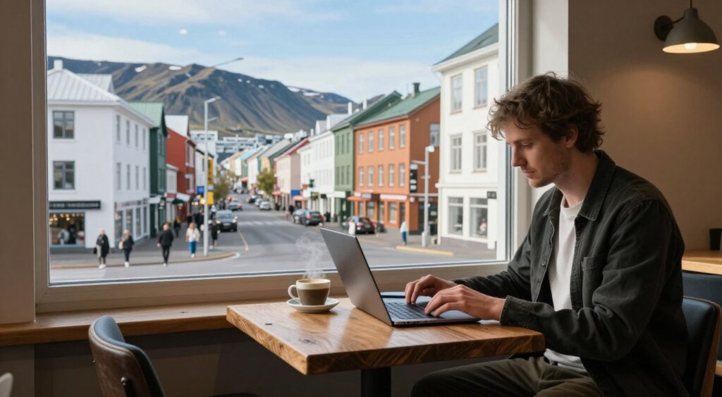 A digital nomad working on a laptop in a cozy café, surrounded by Icelandic cityscape. In the foreground, a person in casual yet professional attire is seated at a rustic wooden table, engaged in their work, with a steaming cup of coffee beside them. The middle ground features a window showcasing the lively streets of Reykjavik, with colorful buildings and people walking by, capturing the essence of urban life. In the background, the majestic mountains under a clear blue sky contrast with the vibrant city. Soft, natural lighting spills through the window, creating a warm and inviting atmosphere. The scene conveys a sense of adventure, freedom, and modern professional life amidst Iceland's stunning landscape.