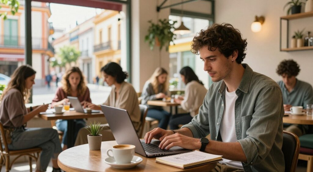 A digital nomad working on a laptop in a cozy, sunlit café in Spain, with a vibrant atmosphere and stylish decor. In the foreground, a young adult dressed in smart casual attire is focused on their screen, surrounded by a cup of coffee and a notebook filled with ideas. The middle layer shows other patrons engaged in similar activities, fostering a collaborative and inspiring work environment. The background showcases large windows with view of a bustling, picturesque street lined with colorful buildings and lush greenery, emphasizing a blend of work and travel. Soft, warm lighting creates a welcoming ambiance, capturing the essence of remote work in an inviting Spanish locale. Shot at eye-level with a slightly shallow depth of field for a professional, photojournalistic effect.