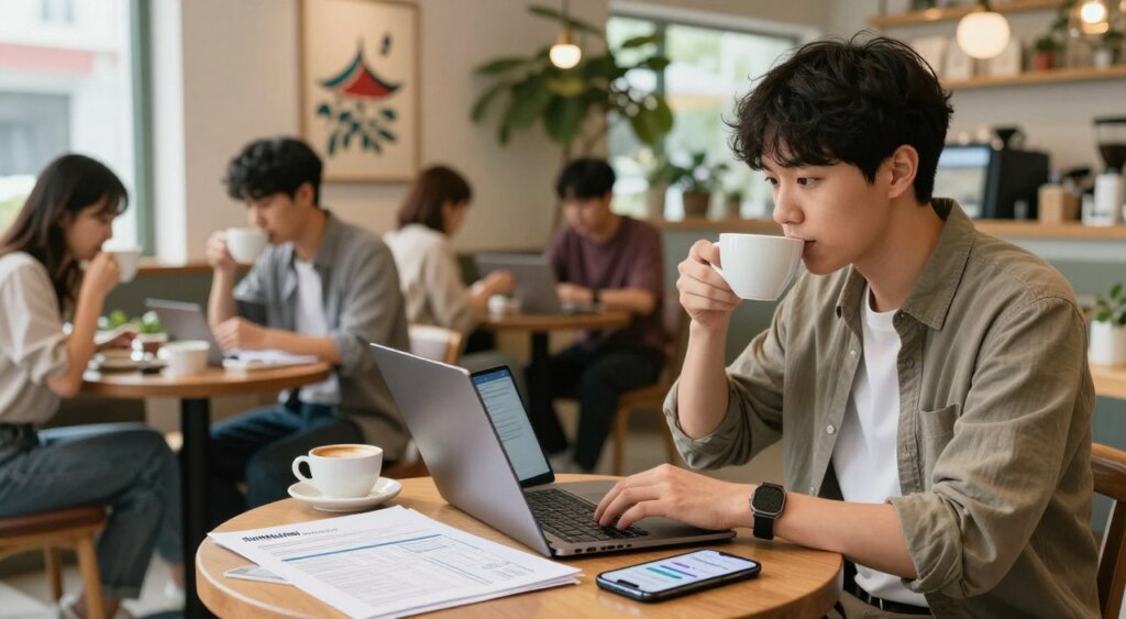 A digital nomad working on a laptop in a vibrant South Korean café, immersed in the task of researching health insurance options. In the foreground, a focused individual in smart casual attire, sipping a cup of coffee, with detailed open insurance documents and a smartphone displaying health insurance apps. In the middle ground, other diverse individuals engaged in their own work, representing an international community. The background features Korean-inspired décor, such as traditional art pieces and greenery. Soft, natural lighting filters in through large windows, creating a warm and inviting atmosphere. The scene conveys a sense of professionalism and cultural immersion, capturing the essence of navigating health insurance while living abroad.