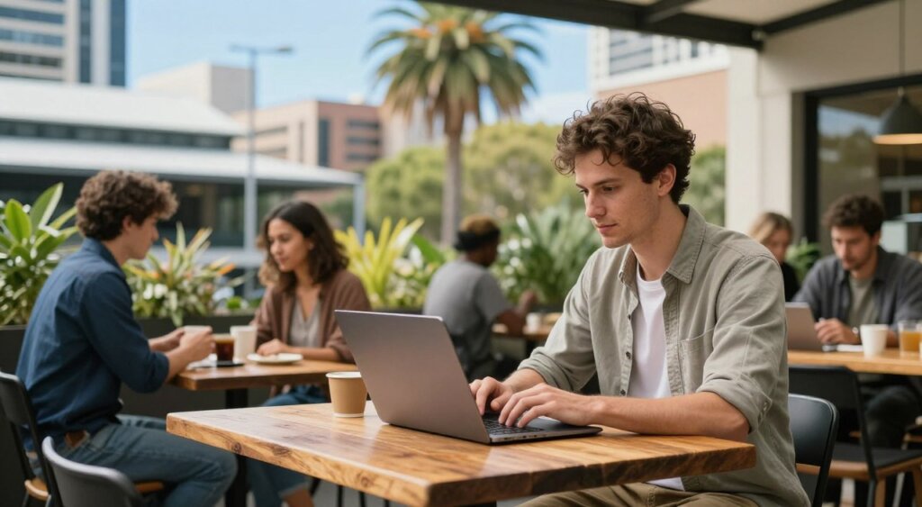 A digital nomad working on a laptop outdoors in a vibrant Australian urban setting, showcasing the lively atmosphere of a popular co-working space filled with greenery. In the foreground, a young professional in modest casual clothing sits at a rustic wooden table, gazing thoughtfully at their screen. In the middle ground, blurred figures of diverse digital nomads collaborate over coffee. The background features iconic Australian architecture and elements like palm trees and a clear blue sky, creating a sunny and inviting vibe. The composition should emulate a professional photojournalism style with soft natural lighting and a slight depth of field, emphasizing the balance between work and lifestyle that defines the cost of living for digital nomads in Australia.