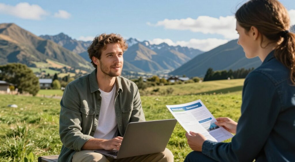 A digital nomad working on a laptop outdoors, surrounded by stunning New Zealand landscapes featuring rolling hills and lush greenery. In the foreground, the nomad, dressed in comfortable yet professional attire, is engaged in a discussion with a local insurance agent, who is showcasing health and travel insurance brochures. The middle ground reveals a picturesque view of the mountains under a bright blue sky, evoking a sense of adventure and freedom. The lighting is warm and inviting, reflecting a sunny day, with soft shadows enhancing the scene's depth. The overall atmosphere conveys professionalism and exploration, embodying the essence of digital nomadism in a breathtaking setting.