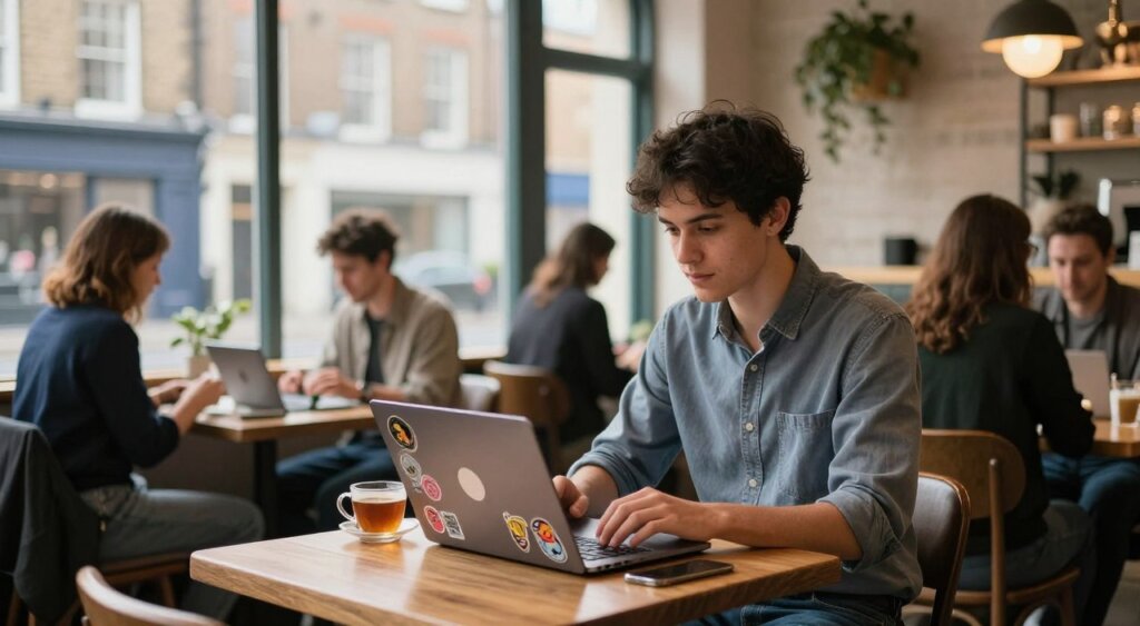 A digital nomad working remotely in a cozy, stylish UK café. In the foreground, a focused young professional with short dark hair is sitting at a wooden table, clad in smart casual attire—a button-up shirt and jeans. A sleek laptop with vibrant stickers is open in front of them, alongside a steaming cup of tea. In the middle ground, other patrons engaged in quiet conversations and work, showcasing a blend of cultures. The background features large windows letting in soft, warm daylight, with views of an iconic British street lined with brick buildings. The atmosphere is lively yet serene, capturing the essence of modern remote working. Use a natural lens, ensuring a shallow depth of field to highlight the subject amidst a softly blurred café environment.