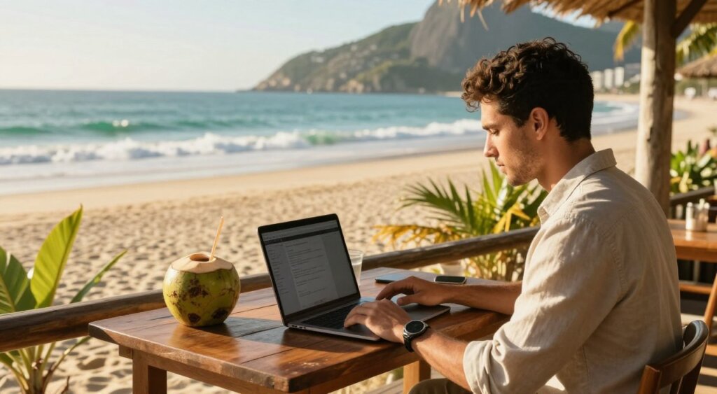 A digital nomad working remotely on a laptop at a beachfront café in Brazil. In the foreground, a young professional dressed in smart casual attire, focused on their screen. The middle layer features a cozy wooden table with a refreshing coconut drink, surrounded by tropical plants. In the background, a stunning beach scene unfolds with soft golden sands and turquoise waves lapping at the shore. The scene is bathed in warm, golden sunlight, suggesting late afternoon, casting gentle shadows and enhancing the vibrant colors. Capture this moment from a slightly elevated angle to emphasize the beach and ocean, evoking a sense of freedom and tranquility, embodying the benefits of living in Brazil as a digital nomad.
