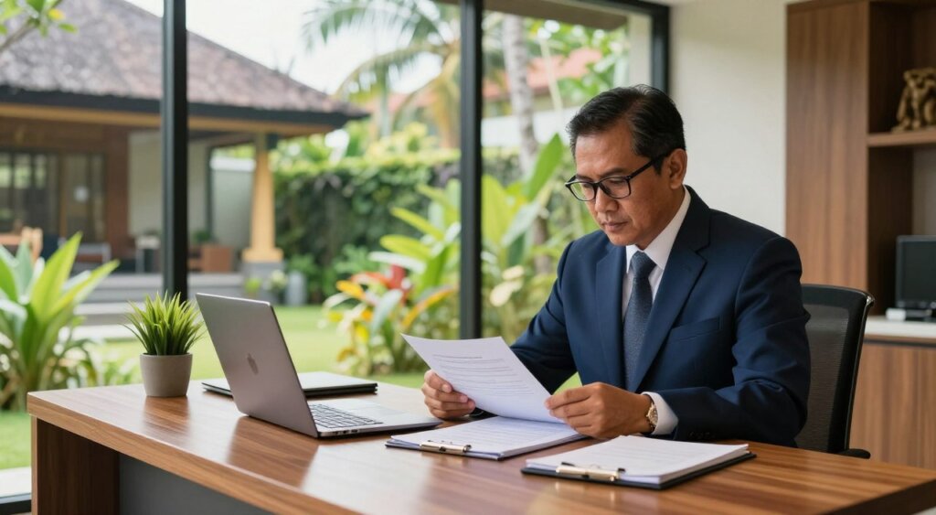 A distinguished immigration attorney in Bali, portrayed in a modern office setting. In the foreground, a middle-aged lawyer of Balinese descent, dressed in a tailored navy suit, is sitting at a sleek wooden desk, reviewing legal documents. On the desk, there’s a laptop, a notebook, and a small potted plant. In the background, large windows reveal a lush tropical garden and the iconic architecture of Bali, softly illuminated by natural sunlight streaming in, creating an inviting atmosphere. The mood is professional yet relaxed, reflecting the unique blend of legal expertise and tropical serenity that characterizes Bali. Shot with a shallow depth of field to focus on the lawyer, capturing the essence of dedication and professionalism in a culturally rich environment.