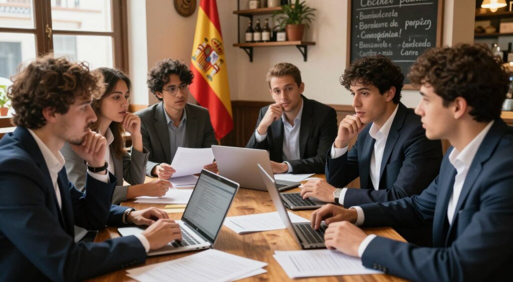 A diverse group of digital nomads, dressed in professional business attire, gathered around a large wooden table cluttered with documents, laptops, and a Spanish flag subtly placed in the background. They appear engaged in discussion, visually overwhelmed yet determined, navigating the intricacies of Spanish bureaucracy. Bright, natural light streams in through a nearby window, creating a warm and inviting atmosphere, while soft shadows add depth to the scene. The setting is a cozy café with traditional Spanish decor, adding cultural context. In the background, a chalkboard displays various bureaucratic terms in Spanish, enhancing the thematic focus. Capture this moment with a medium-close-up angle to emphasize their expressions of concentration and hope.