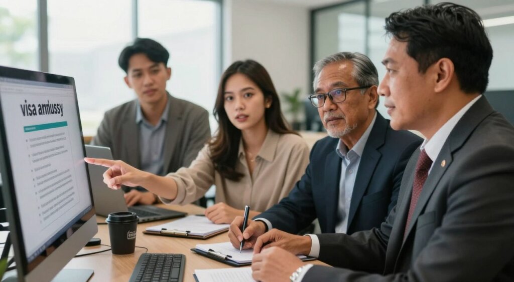 A diverse group of people, including Indonesian citizens and expatriates, gathered in a professional setting, discussing visa amnesty programs. In the foreground, a middle-aged Indonesian official in a business suit is pointing to a digital screen displaying information about visa amnesty. In the middle, a few participants, including a young woman in modest casual clothing and an older man in business attire, are taking notes and looking engaged. The background features an office space with soft natural lighting filtering through large windows, enhancing the professional atmosphere. The scene conveys a sense of hope and collaboration, with individuals displaying expressions of understanding and anticipation about the amnesty process. The image is captured with a shallow depth of field, focusing on the interactions while softly blurring the background.