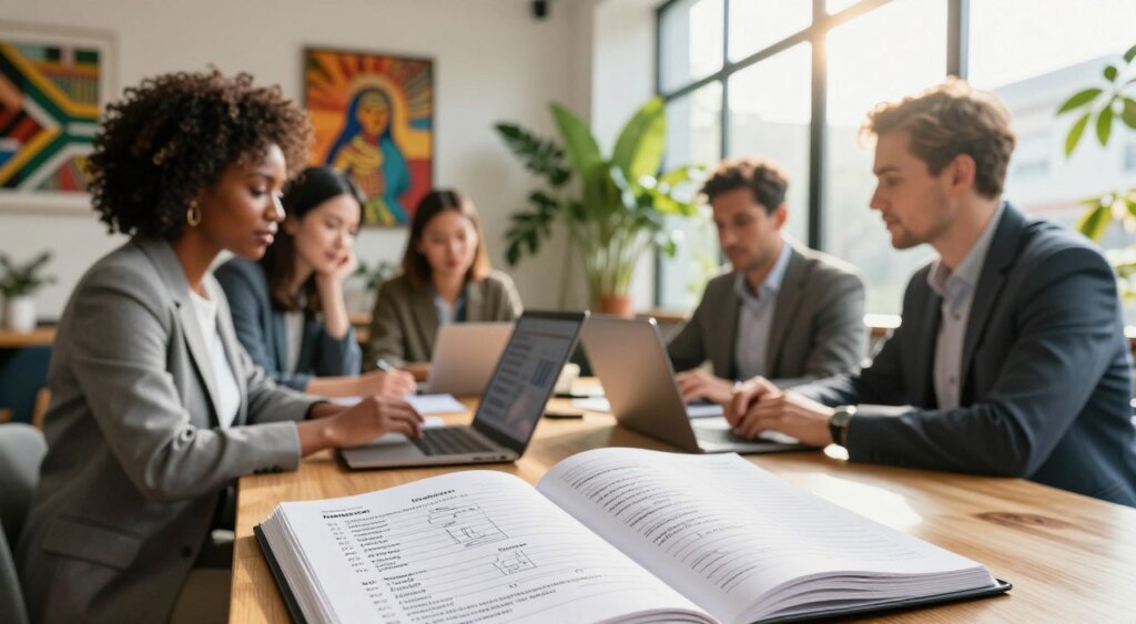 A diverse group of professionals, including a South African black woman in a smart blazer and a Caucasian man in casual business attire, gathered around a laptop on a wooden table in a stylish co-working space. In the foreground, a detailed notebook with tax formulas and legal symbols open, conveying the theme of tax obligations. The middle ground features vibrant plants and artworks that reflect South African culture. In the background, large windows allow warm sunlight to stream in, creating a bright and inviting atmosphere. The mood is focused yet collaborative, emphasizing the legal considerations for remote work in a dynamic environment. Shot with a shallow depth of field to highlight the subjects while softly blurring the background.