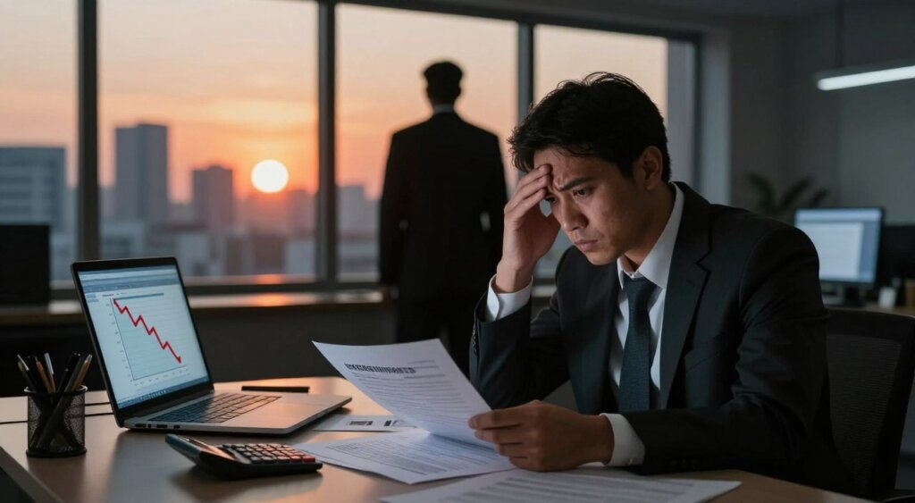 A dramatic scene depicting the serious implications of failing to meet Indonesian tax residency requirements. In the foreground, a concerned business professional in formal attire looks over financial documents scattered on a desk, a calculator nearby, and a laptop showing a graph declining sharply. The middle ground features a dimly lit office with a large window revealing city skyline silhouetted against a setting sun, casting an orange glow. In the background, a shadowy figure representing tax authority looms large, symbolizing the threat of penalties and legal consequences. Soft lighting emphasizes the tension of the scene, capturing a mood of urgency and financial anxiety, with a focus on realism akin to a National Geographic photojournalism style.