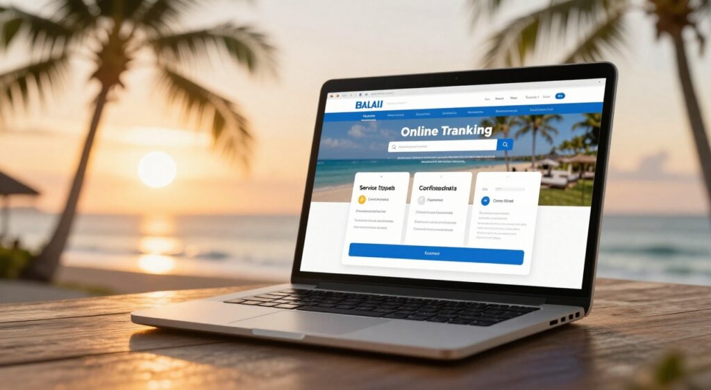 A dynamic and engaging illustration depicting the online booking process for a Bali airport transfer. In the foreground, feature a professional-looking laptop open to a vibrant website showcasing steps such as selecting service type, entering travel details, confirming payment, and receiving a confirmation email. In the middle ground, present a serene beach backdrop with palm trees, hinting at the Bali vacation experience. The background features a soft sunset, bathing the scene in warm golden light, creating an inviting atmosphere. The image should convey a sense of anticipation and ease, as if inviting users to take the first step in planning their trip. Use a shallow depth of field to focus sharply on the laptop while softly blurring the background for added depth.
