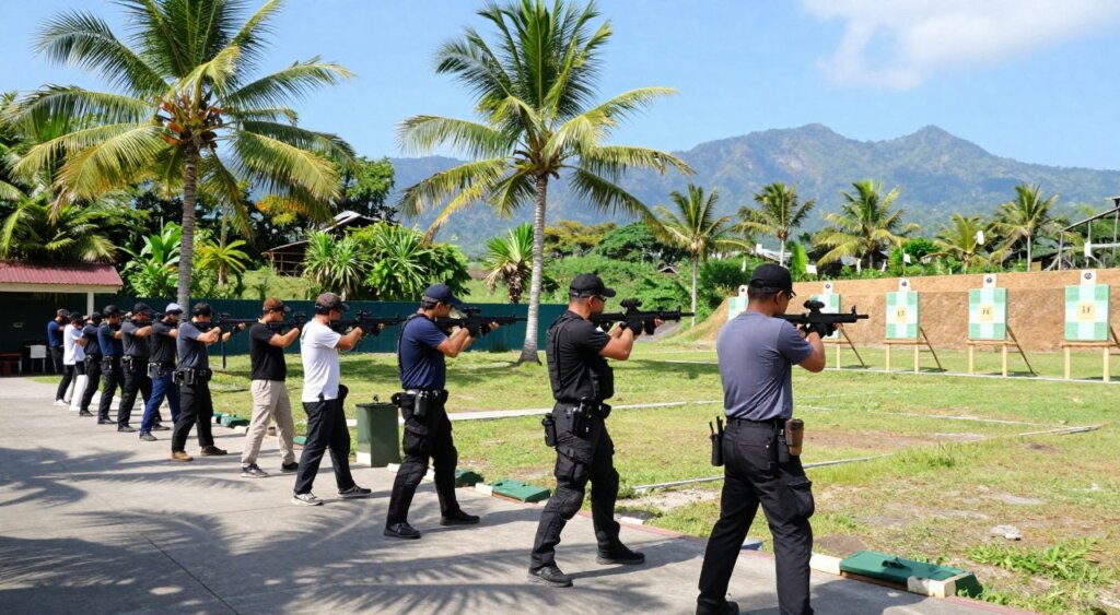 A dynamic scene of advanced tactical shooting training in Bali, focusing on a diverse group of professional trainers and participants. In the foreground, a trainer in tactical attire is demonstrating proper shooting stance, while participants dressed in modest casual clothing practice with precision aiming at targets downrange. The middle ground showcases a realistic shooting range setting with various targets set up amidst palm trees and lush greenery, reflecting Bali's tropical environment. In the background, distant mountains add depth to the scene under a clear blue sky, with sunlight illuminating the vibrant colors of the landscape. The atmosphere conveys intensity and focus, capturing the essence of advanced shooting experiences in an exotic location. The shot is taken from a low angle, emphasizing the participants engaged in their training.