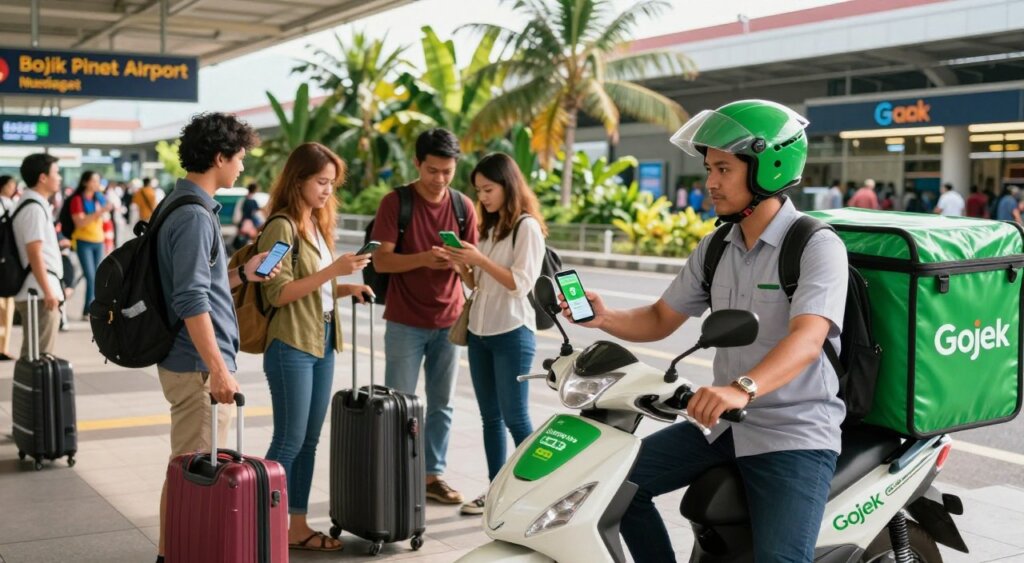 A dynamic scene showcasing Gojek's services at Bali Airport, emphasizing their ride-hailing functionality. In the foreground, a professional driver in smart casual attire stands beside a Gojek motorcycle, ready to assist passengers. The middle ground features travelers with luggage, interacting with the Gojek app on their smartphones, highlighting the ease of use. In the background, the busy airport terminal is visible, framed by lush tropical vegetation typical of Bali, conveying the island’s vibrant atmosphere. The lighting is bright and inviting, simulating the warm glow of Bali’s sun during the afternoon. The image is shot from a slightly elevated angle, capturing the bustling environment while maintaining a focus on the interaction between the driver and passengers, evoking a sense of convenience and reliability.
