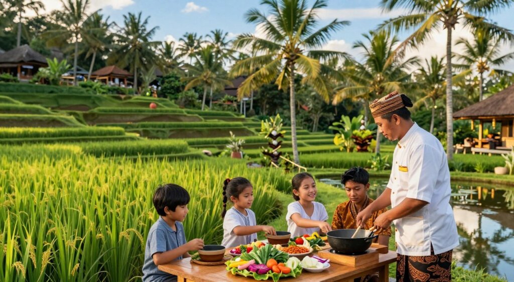 A family enjoying a range of activities in a vibrant Bali setting. In the foreground, a smiling family of four, including two children, are participating in a traditional Balinese cooking class, with fresh ingredients laid out on a wooden table. The middle ground showcases the lush green rice terraces and a tranquil pond, reflecting the blue sky. A local Balinese chef assists the family, wearing traditional attire, adding authenticity and warmth to the scene. In the background, tall palm trees sway gently, framing this idyllic moment. Natural golden hour lighting bathes the scene, creating a joyful, inviting atmosphere. The image captures the spirit of togetherness and cultural immersion, highlighting the unique experiences Bali offers for families.