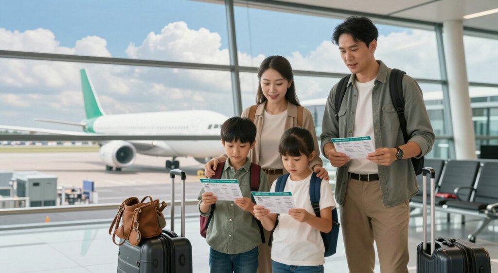 A family of four, including two children, stands at an airport terminal, ready for their journey to Ireland. The foreground features the family, dressed in smart-casual attire, with the parents looking excited and the children playfully peering at their boarding passes. In the middle ground, luggage and travel essentials are neatly placed beside them. The background showcases a large window with a view of a plane preparing for takeoff, with clouds and a bright blue sky creating a hopeful atmosphere. Soft, natural light streams in through the window, illuminating their smiles. The image conveys a sense of adventure and new beginnings, capturing the essence of a family moving to Ireland for the digital nomad lifestyle.