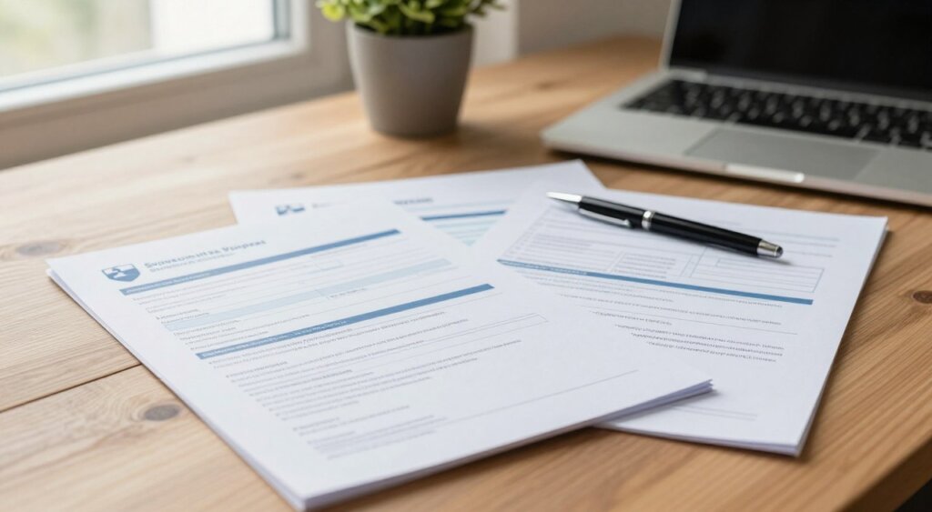 A flat lay composition of Slovenia long-term stay visa application documents arranged on a wooden desk. The foreground displays neatly stacked papers, including the application form, checklists, and required documentation, all featuring subtle, official Slovenian motifs. In the middle ground, a sleek black pen lies next to the documents, possibly ready for signing. Background elements include a potted plant softly blurred to enhance the focus on the paperwork, and a laptop partially visible, suggesting a professional context. Natural light streams in from a nearby window, creating a warm, inviting atmosphere that conveys a sense of urgency and preparation. The image reflects a serious, professional mood, ideal for illustrating the application process.