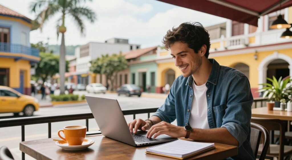 A focused digital nomad, a young man in smart casual attire, sits at a stylish café table in a vibrant Colombian city, smiling as he manages his finances on a laptop. In the foreground, colorful coffee cups and a notepad filled with notes are scattered on the table, suggesting productivity. The middle ground features an urban backdrop with bustling streets, palm trees, and colonial architecture, bathed in warm, natural sunlight. The background is softly blurred, showcasing the rich colors of the surrounding scenery. The overall mood is inspiring and dynamic, capturing the essence of a confident digital nomad successfully balancing work and life in Colombia. Use a wide angle lens to emphasize the lively atmosphere while keeping the subject in sharp focus.