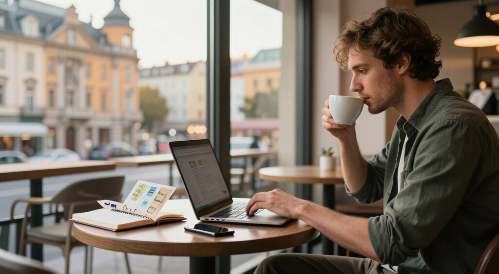 A focused digital nomad is working on a laptop in a cozy café, embodying the balance between work and travel. In the foreground, the nomad, dressed in smart casual attire, intently types on their laptop while sipping coffee. The middle section features a stylish table adorned with a notebook, a smartphone, and a travel guide, hinting at ongoing adventures. The background showcases a vibrant cityscape through large windows, with iconic European architecture bathed in warm afternoon light. A soft bokeh effect highlights the scene, creating an inviting atmosphere that merges productivity with wanderlust, capturing the essence of a digital nomad's routine. High-resolution, natural light filters through, creating a warm and engaging mood.