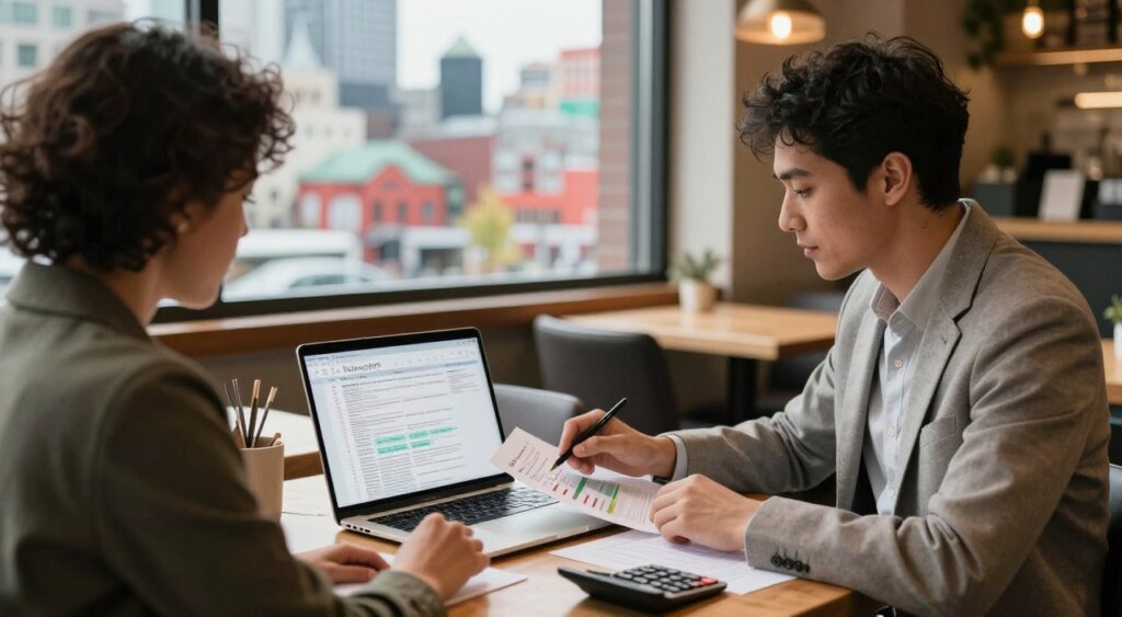 A focused digital nomad seated at a well-organized workspace in a cozy café, showcasing a laptop with tax documents and a calculator. The foreground features a diverse professional in smart casual attire, intently reviewing financial charts. In the middle ground, a window reveals a picturesque view of a vibrant Canadian cityscape with iconic landmarks, hinting at the nomadic lifestyle. The background includes a warm and inviting café atmosphere with soft, ambient lighting that creates a relaxed yet productive mood. The photograph is framed at a slight angle to highlight the subject's engagement with the task, capturing the essence of balancing work and travel in Canada. The overall tone is professional and inspiring, reflecting the theme of tax implications for digital nomads.