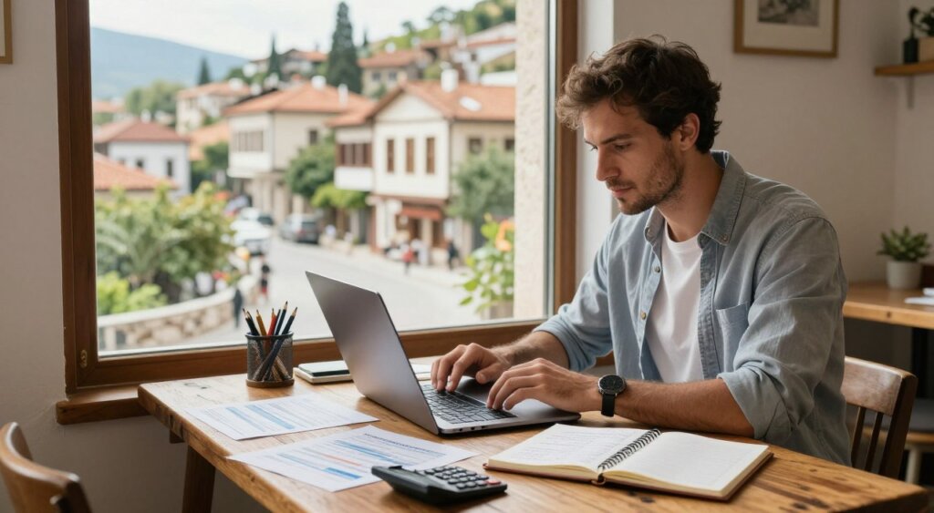 A focused image of a digital nomad working on financial planning for a digital nomad visa in Albania. In the foreground, a professional-looking man in a smart casual outfit is sitting at a rustic wooden table with a laptop open, surrounded by financial documents, a calculator, and a notebook filled with notes. In the middle ground, a vibrant street in Albania can be seen through a large window, showcasing picturesque architecture and greenery, adding a sense of place. The background features soft natural lighting filtering through, creating a warm and inviting atmosphere. The setting is airy and bright, evoking a productive and serene working environment, ideal for remote work in a foreign landscape.