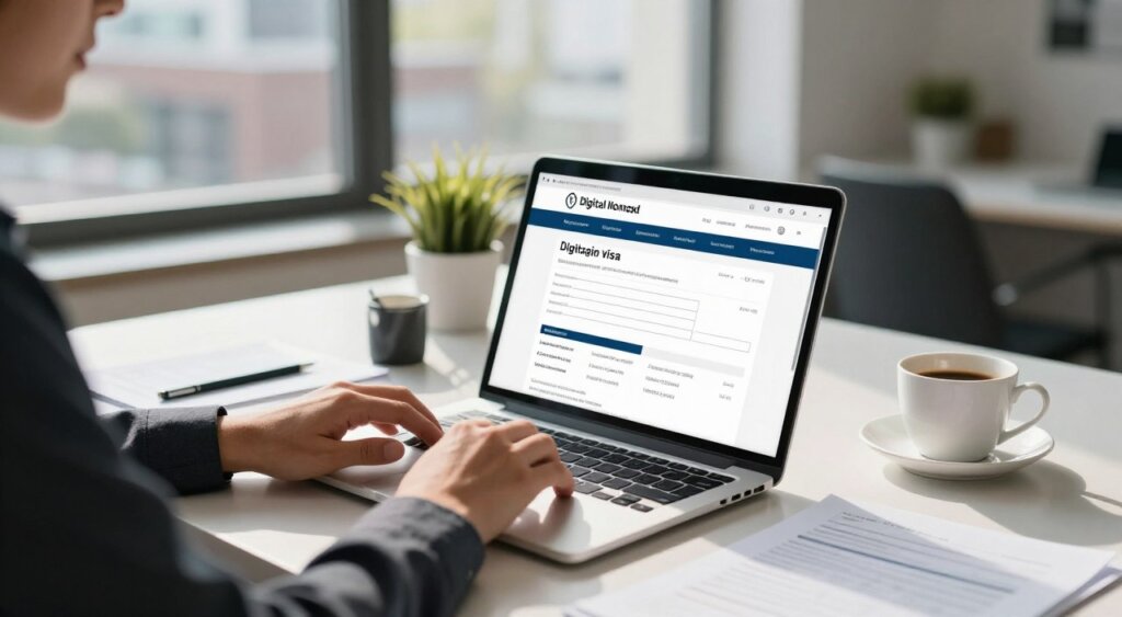 A focused individual, dressed in professional business attire, sits at a sleek desk cluttered with documents and a laptop displaying a digital nomad visa application page. The foreground showcases a close-up of the applicant's hands typing, indicating action. In the middle ground, a cup of coffee and a small potted plant add warmth to the workspace. The background features a large window with natural light streaming in, casting soft shadows and creating an inviting atmosphere that suggests a vibrant office in the Netherlands. The scene is captured with a shallow depth of field, giving emphasis to the application process while providing a hint of the bustling city outside. The mood is determined and optimistic, embodying the spirit of applying for a new opportunity.